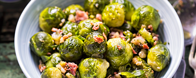 Balsamic Glazed Brussels Sprouts With Bacon, Cranberries, Walnuts, And Blue Cheese