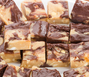 peanut butter and chocolate fudge on a white plate