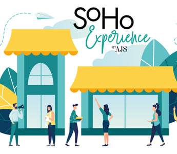 Store fronts with people lingering, copy that says Soho Experience by AJS