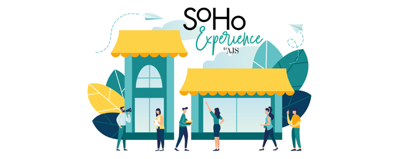 Store fronts with people lingering, copy that says Soho Experience by AJS